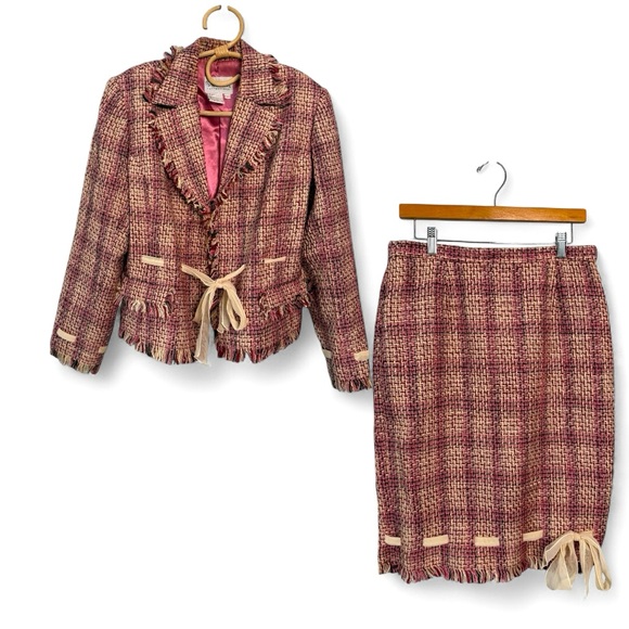 Pamela McCoy Tweed Skirt Suit Set Blazer Pencil Skirt Fringe Ribbon Trim Size M - Picture 1 of 15